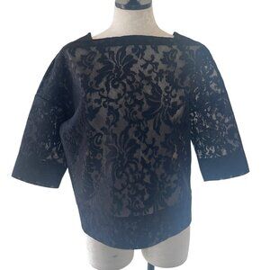 Tomas Maier Womens Top Size Medium Black Square Neck Lace Embroidered Casual